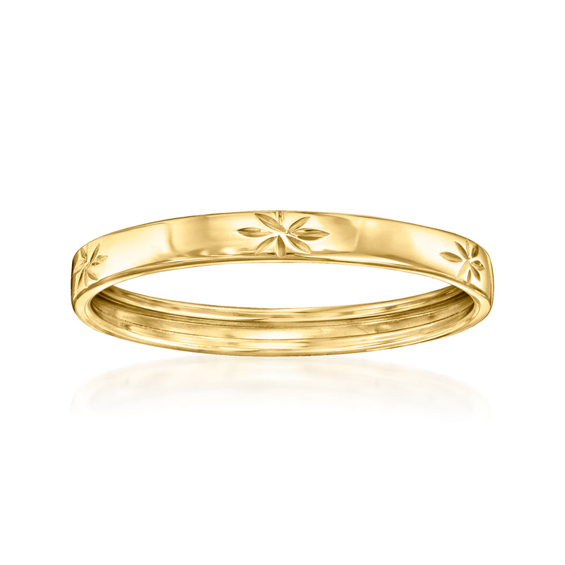 10kt yellow gold diamond-cut star ring with engraved star motifs on the band