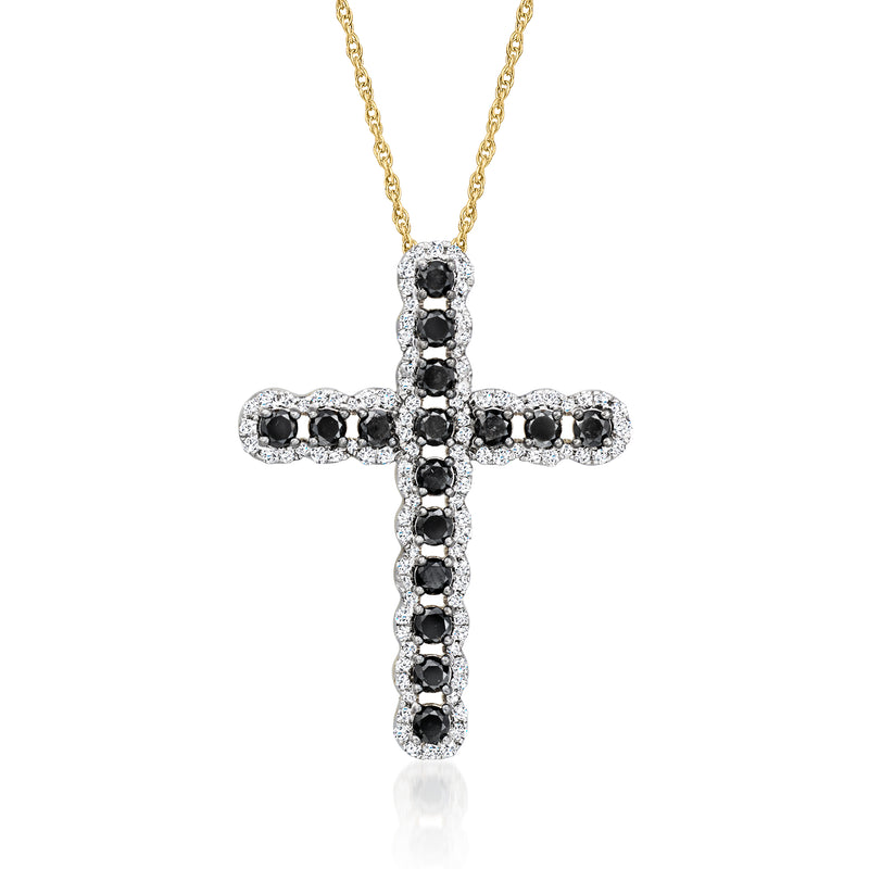 Cross pendant necklace with black and white stones, gold-tone chain