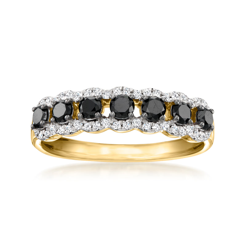 Gold diamond ring with black and white stones in a row, prong-set band