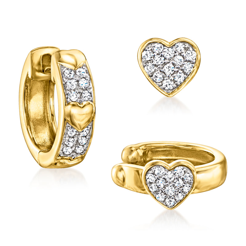 Gold hoop and heart diamond earrings set with heart-shaped crystal stones