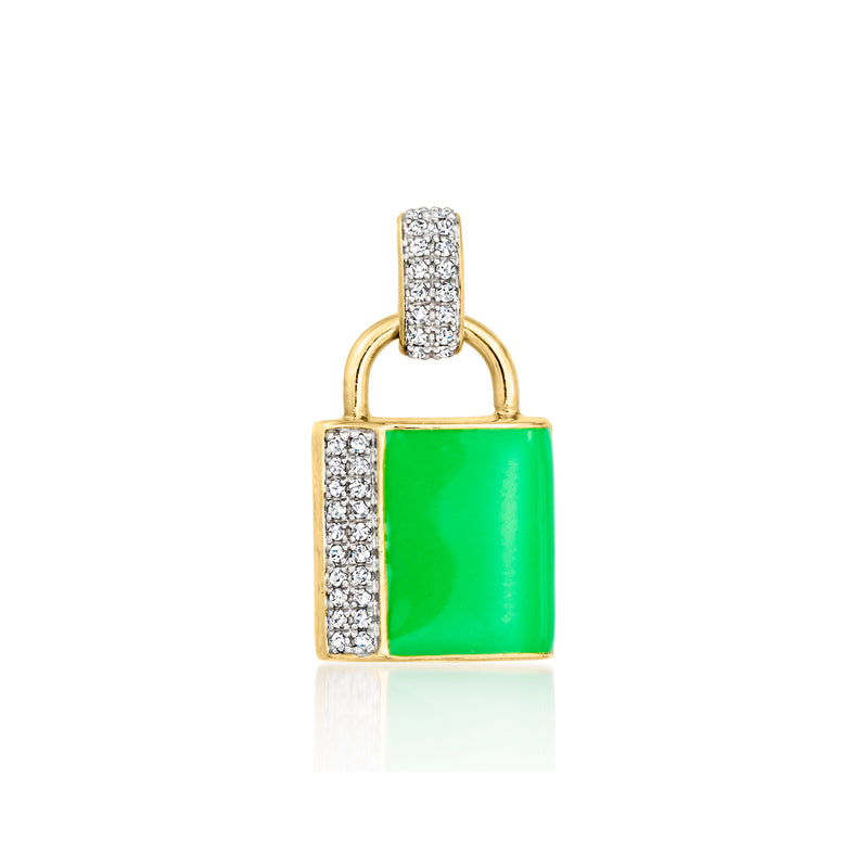 Padlock pendant with green enamel and diamond accents in gold over sterling