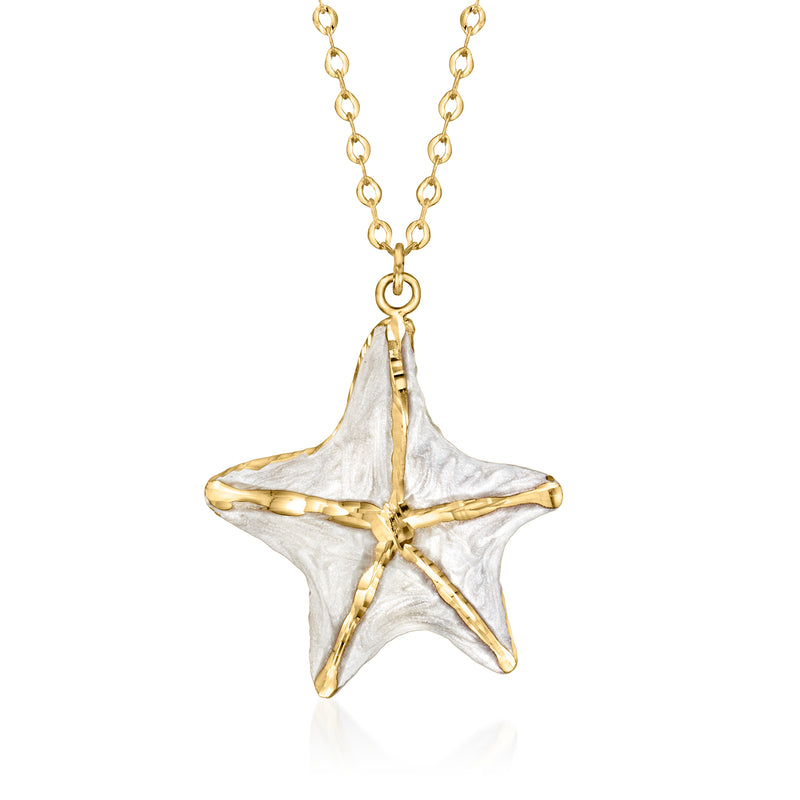 14kt yellow gold starfish pendant necklace with white enamel, small rope chain