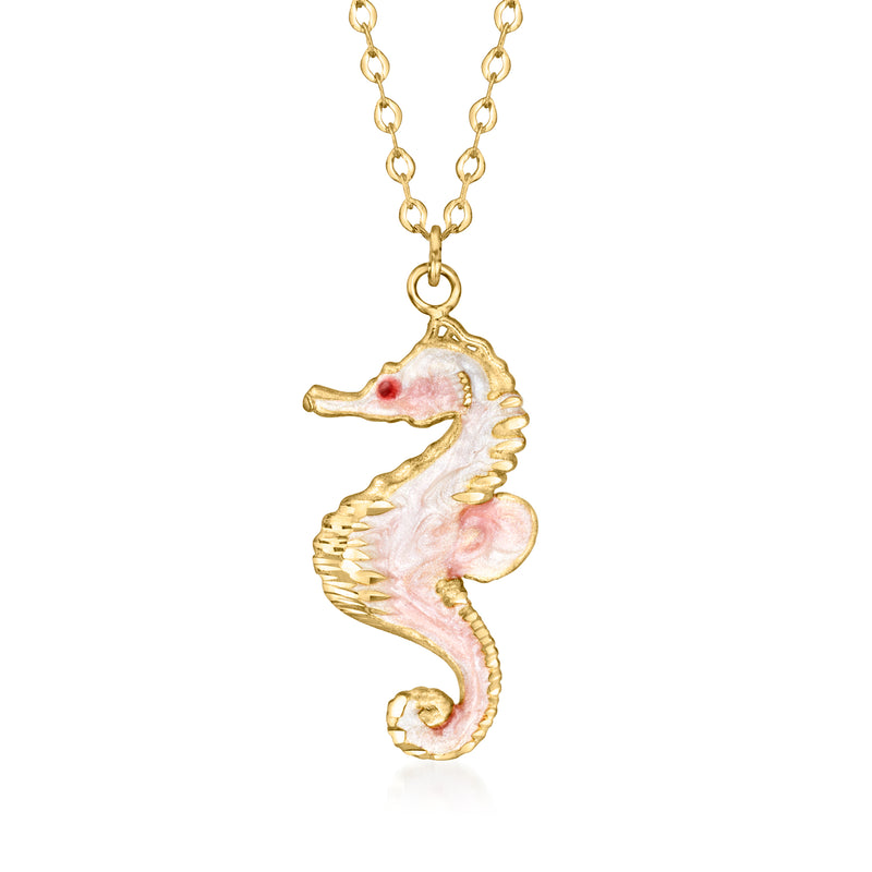 14kt yellow gold seahorse pendant necklace with pink and white enamel, link chain