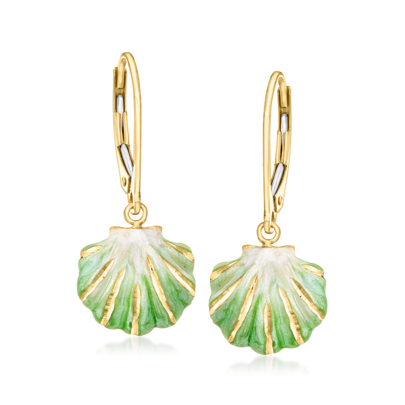 14kt yellow gold leverback drop earrings with green and white seashell enamel