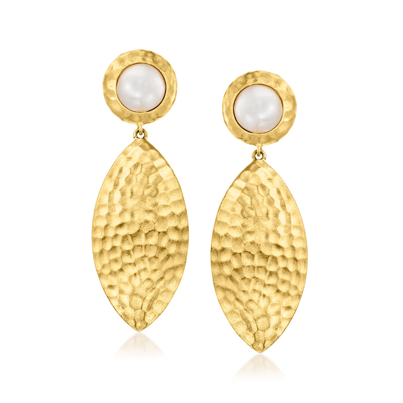 Gold over sterling drop earrings with round mabe pearl and hammered oval dangles
