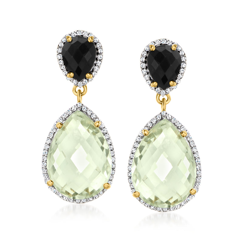 Gold-tone drop earrings: black topaz top and mint prasiolite pear with diamond halos.