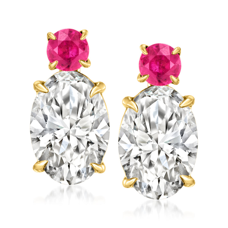 14kt yellow gold drop earrings with pink ruby top and oval lab-grown diamond drops