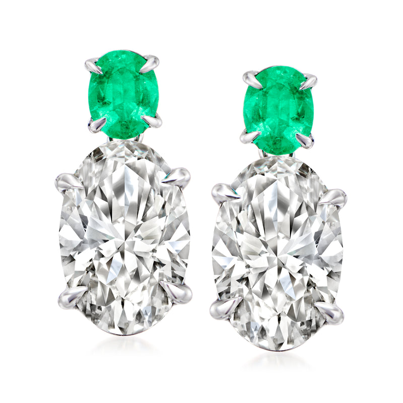 Emerald green oval stone and white diamond cluster drop earrings in 14kt white gold