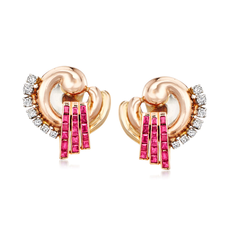 Rose gold swirl earrings with ruby and diamond accents