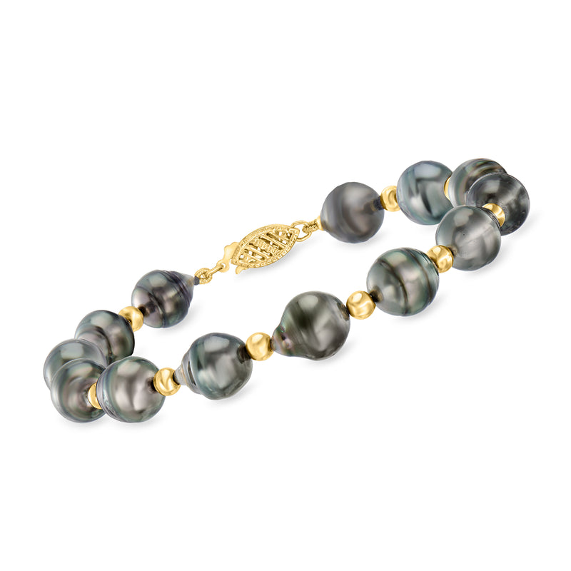 Black cultured pearl bracelet, 8-10mm round beads, 14kt yellow gold clasp
