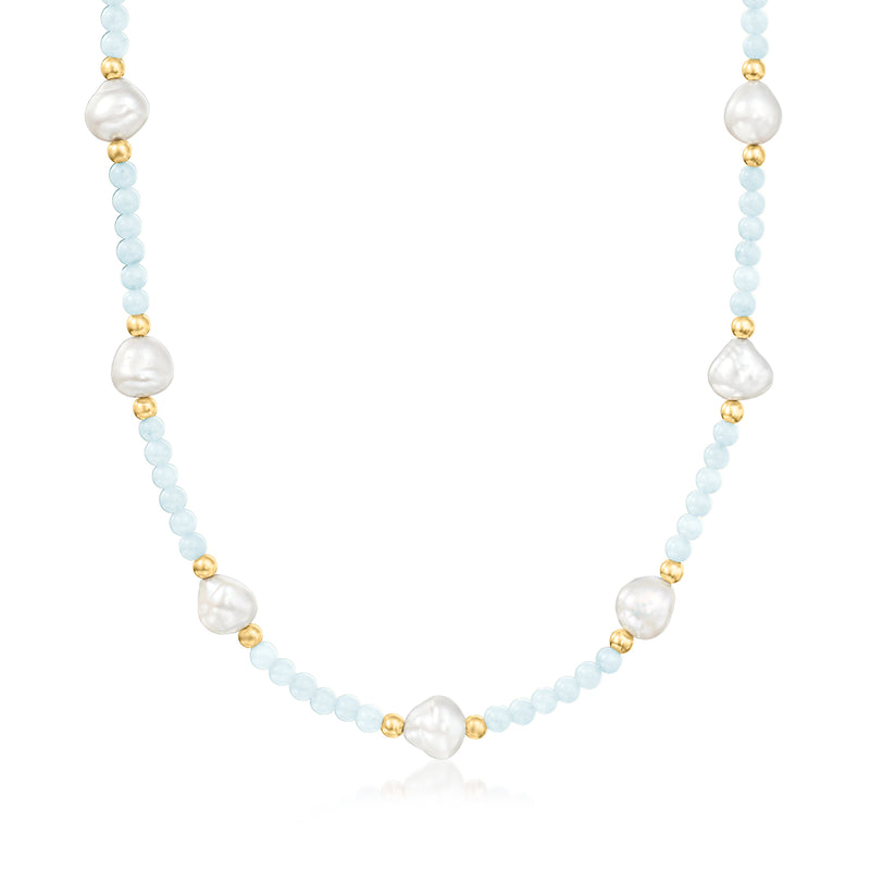 Aquamarine bead and cultured pearl necklace with 14kt yellow gold spacers.
