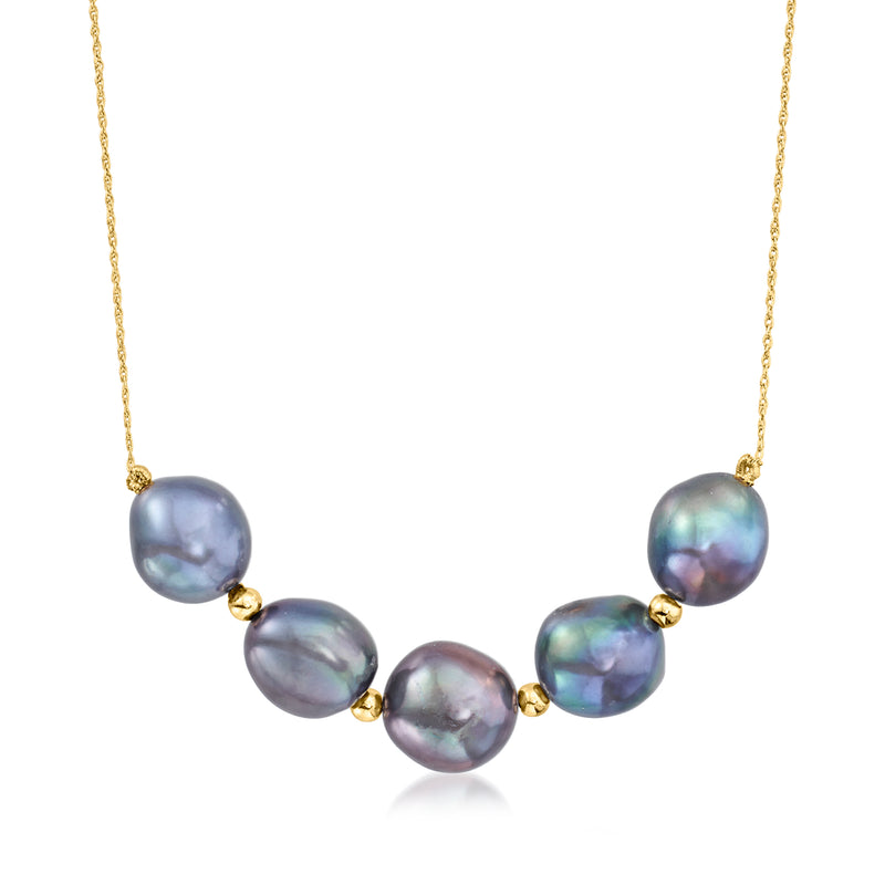 Black cultured pearl station necklace, 9–11mm pearls, 14kt yellow gold chain