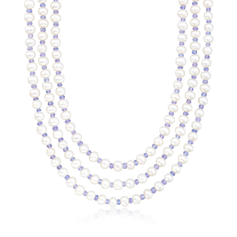 Endless necklace of round cultured pearls with small light blue gemstone beads