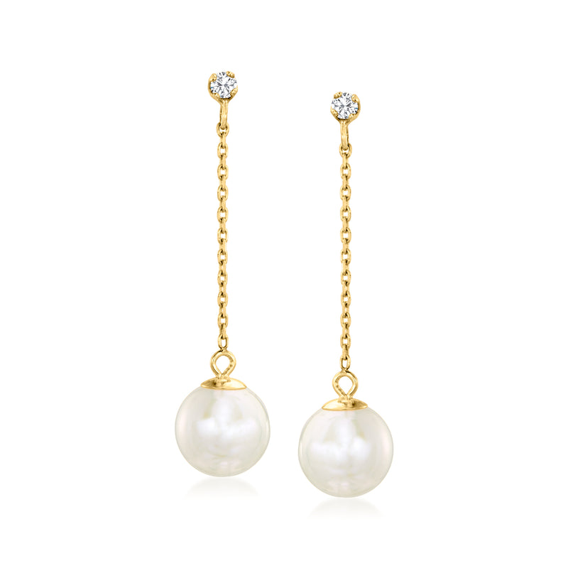 14kt yellow gold linear drop earrings with diamond tops and large white cultured pearls