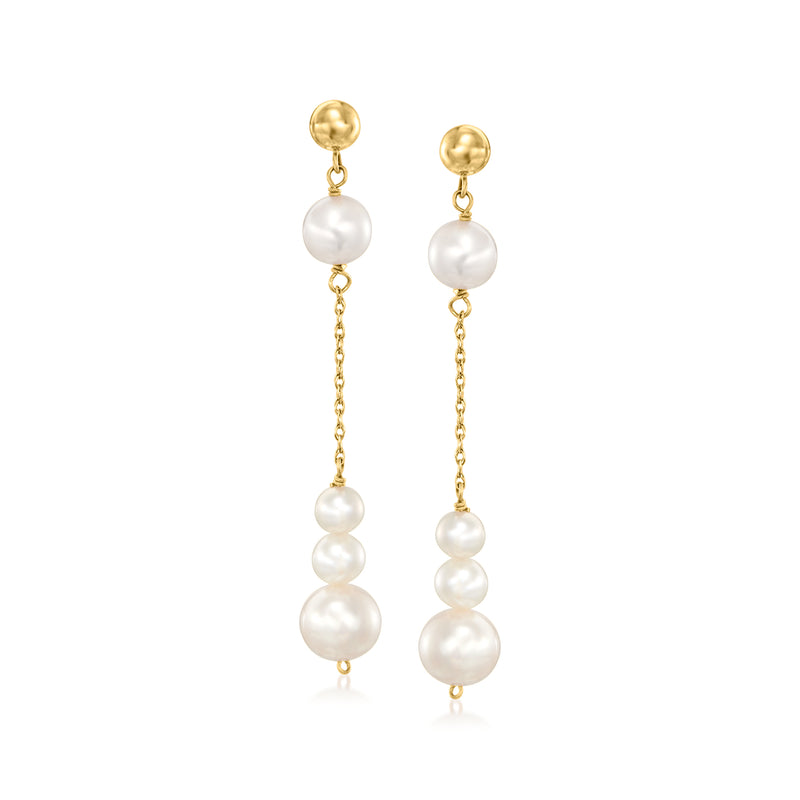 14kt yellow gold linear drop earrings with multiple cultured pearls, dangling