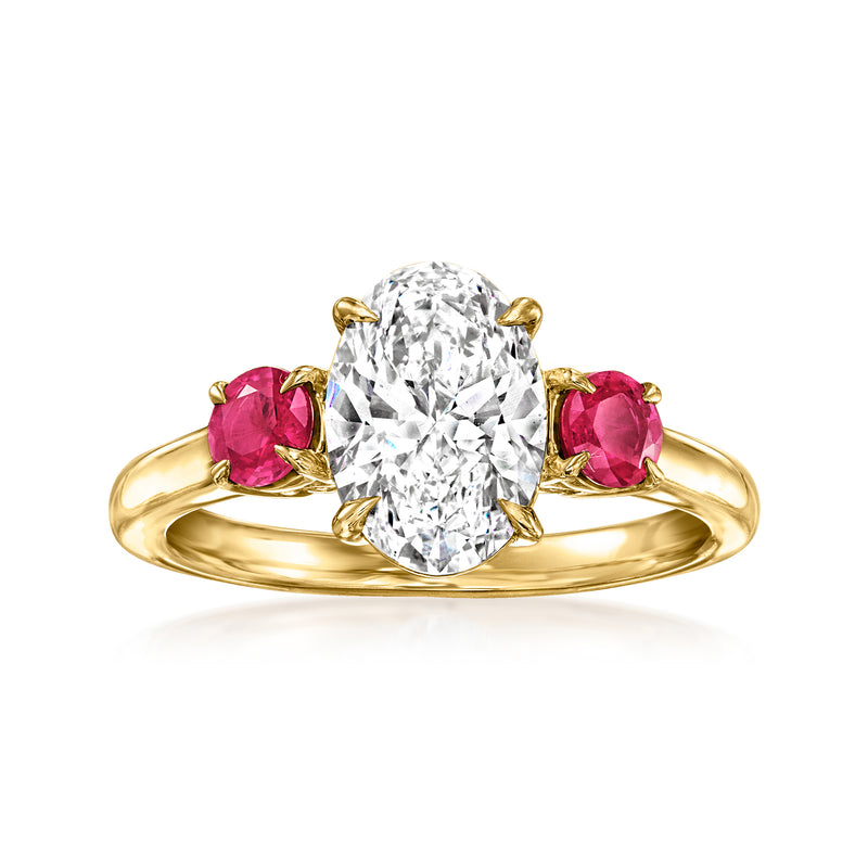 14kt yellow gold ring with round center lab-grown diamond and pink ruby side stones