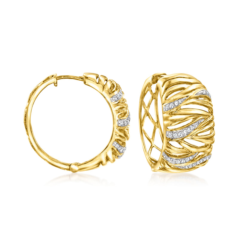 Diamond woven hoop earrings in 18kt gold over sterling, textured gold with small round stones