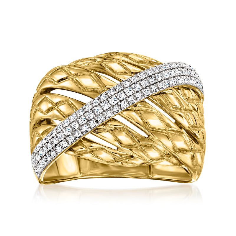 Gold braided stripe ring with sparkling diamond-like inset across the band, wide face