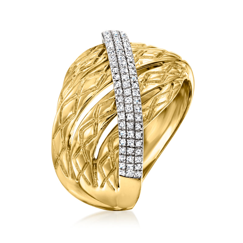 Wide gold braided ring with vertical diamond-like pave stripe, angled view