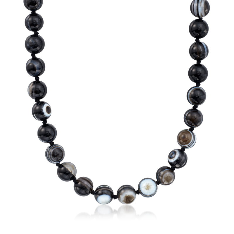 Black agate bead necklace with round beads and blue-gray and white accent beads