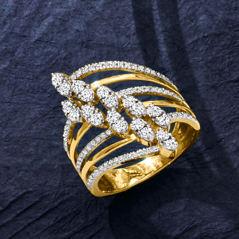 Gold diamond multi-row navette ring with leaf-shaped clusters