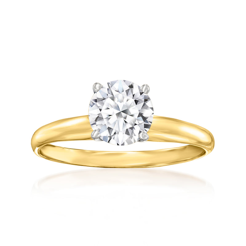 14kt yellow gold solitaire ring with round lab-grown diamond, four-prong setting
