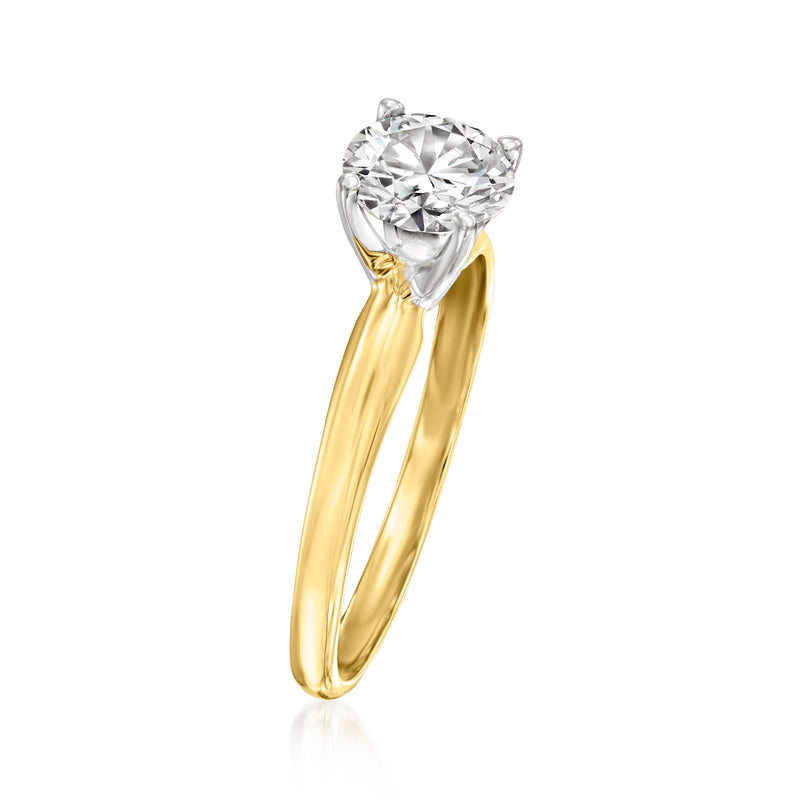 14kt yellow gold solitaire ring with round lab-grown diamond, four-prong setting side view