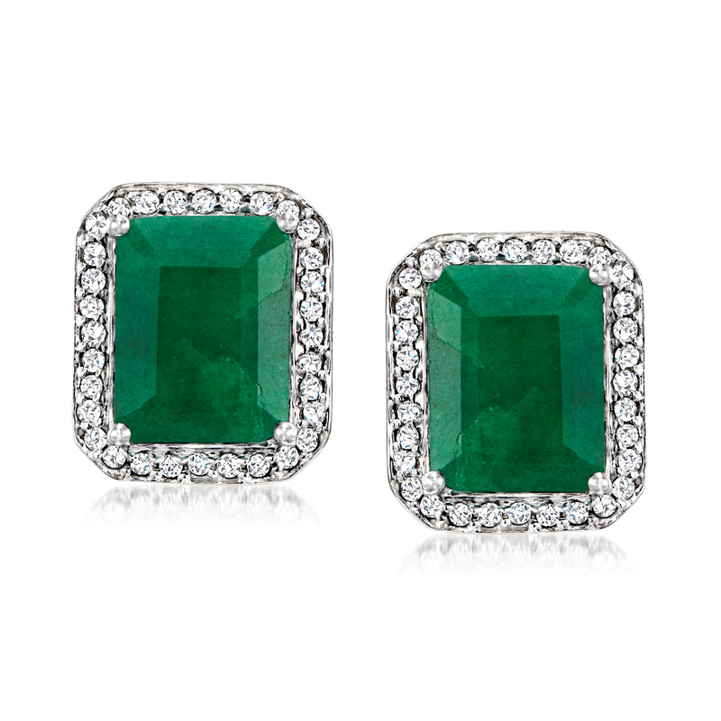 Sterling silver emerald & diamond stud earrings, square green center with diamond halo