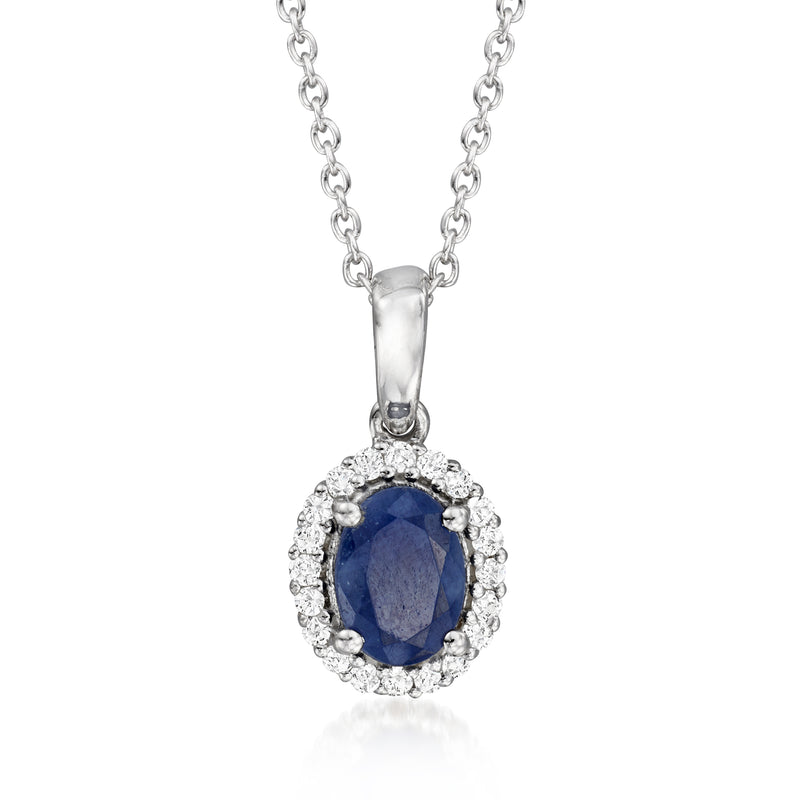 Sterling silver sapphire pendant necklace with oval deep-blue stone and crystal halo