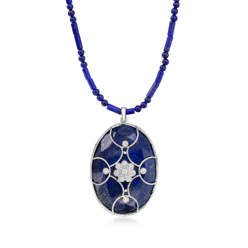 Lapis blue oval pendant necklace with diamond cross-like motif on white gold chain