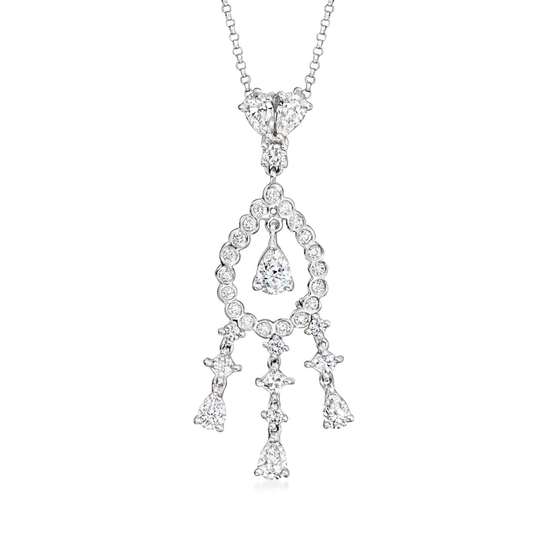 Diamond drop necklace with articulated chandelier design, pear and round stones on white gold chain