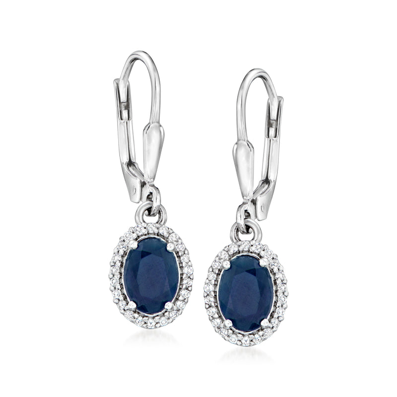 Sterling silver leverback drop earrings with oval blue sapphire and white topaz halo