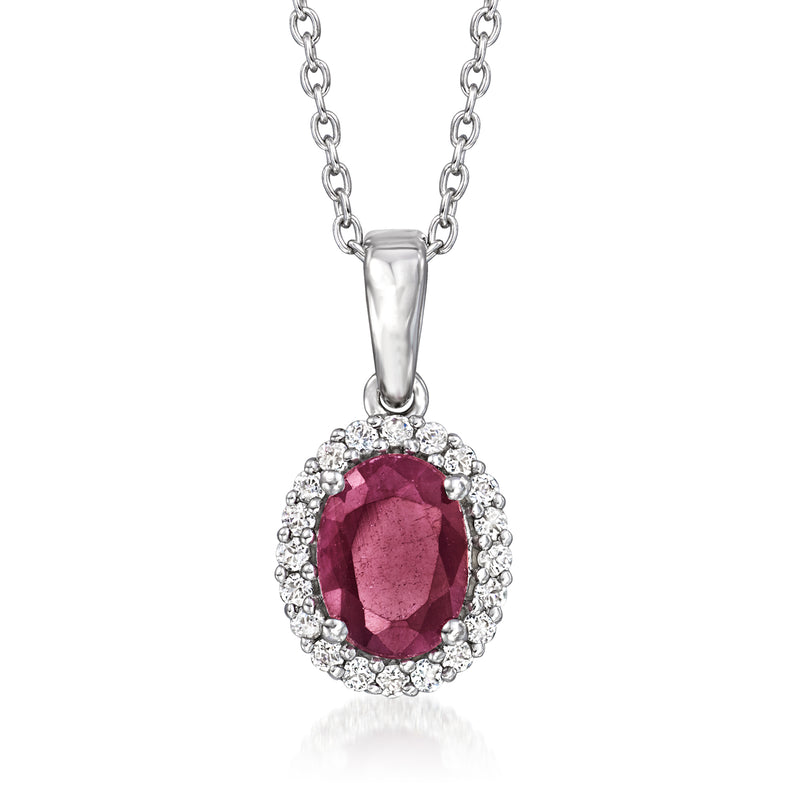 Sterling silver pendant necklace with oval ruby center and white topaz halo