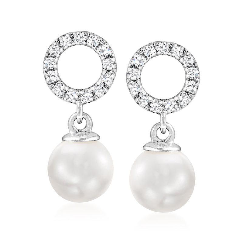 Pearl and diamond circle drop earrings in white gold