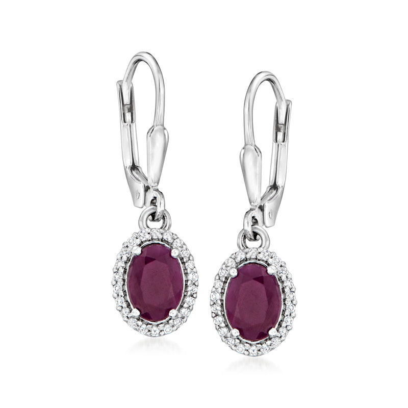 Sterling silver ruby and white topaz drop earrings with halo and leverback closures