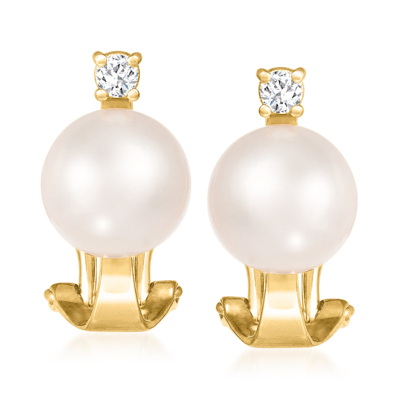 14kt yellow gold clip-on earrings with round white pearl and square diamond tops