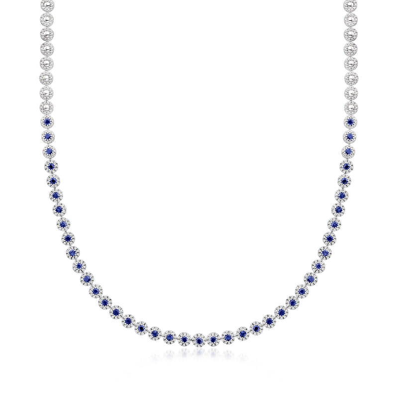Sterling silver tennis necklace with blue sapphire and round diamond accents