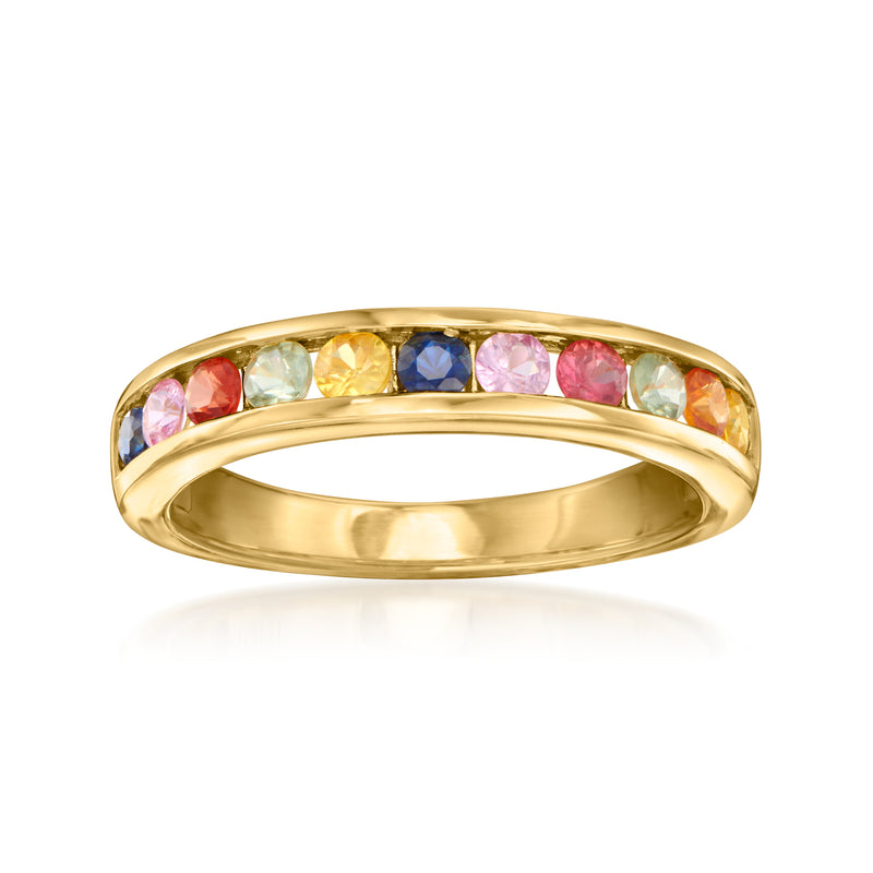 Multicolored sapphire channel ring, 18kt gold over sterling, slim band with bezel stones