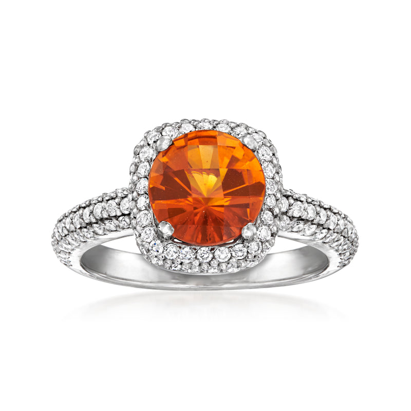 Vintage orange citrine ring with diamond halo in white gold