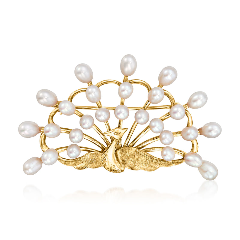 Peacock pearl pin with white cultured pearls and 14kt yellow gold metalwork