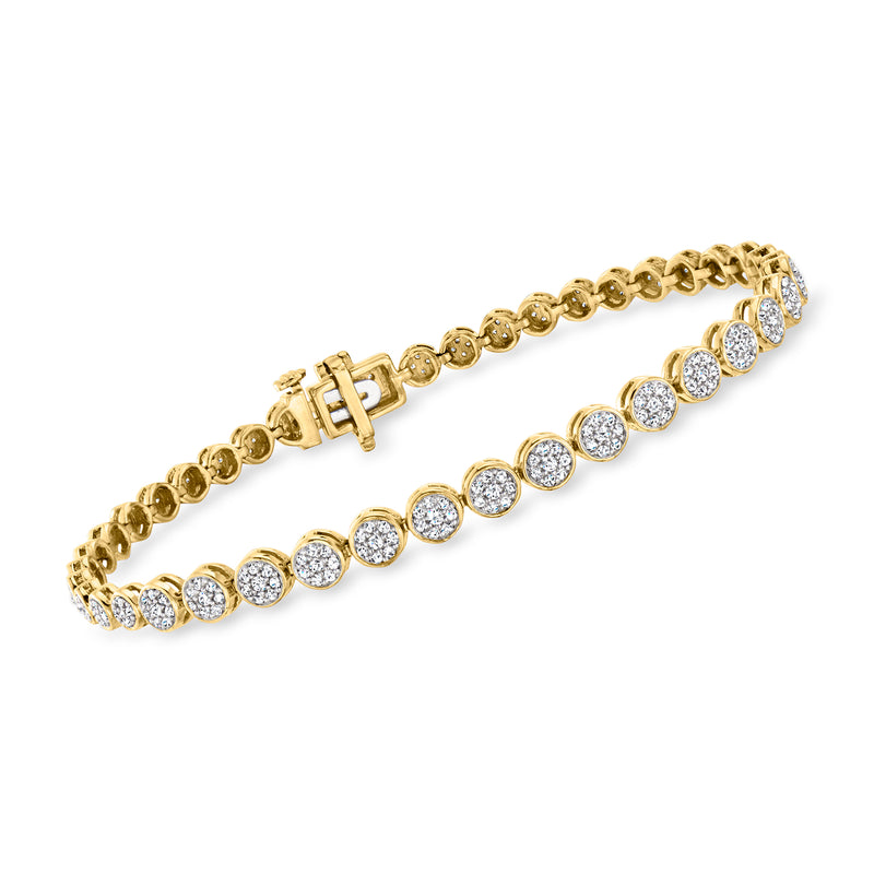 18kt gold tennis bracelet with round diamond cluster stones and link chain