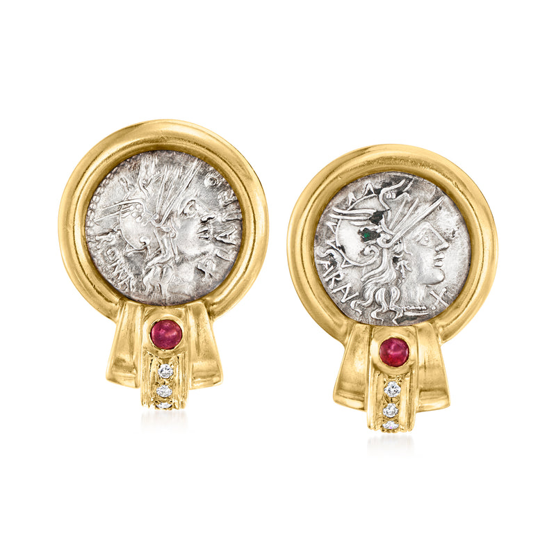 Vintage clip-on coin earrings in yellow gold with silver Greek coin, rubies, and diamonds