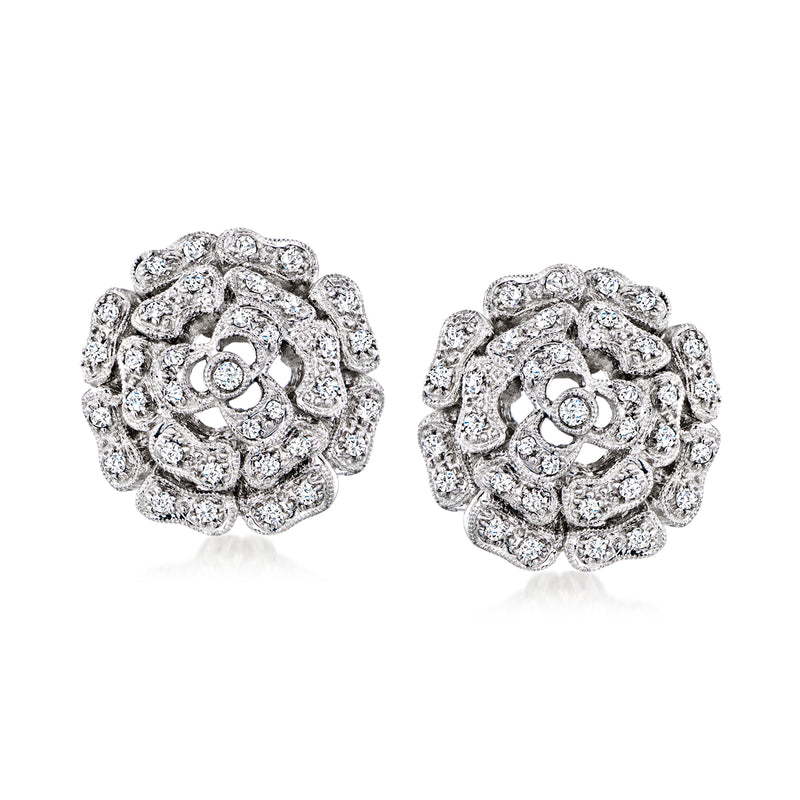Diamond flower clip-on earrings in 14kt white gold, ornate scrolled petals