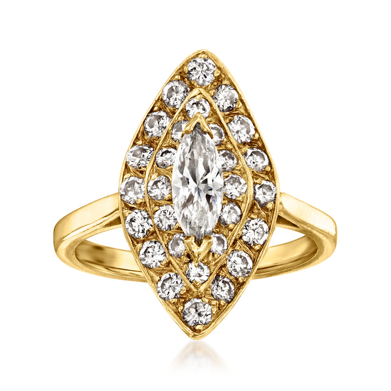 18kt yellow gold navette ring with marquise center diamond and halo of smaller diamonds