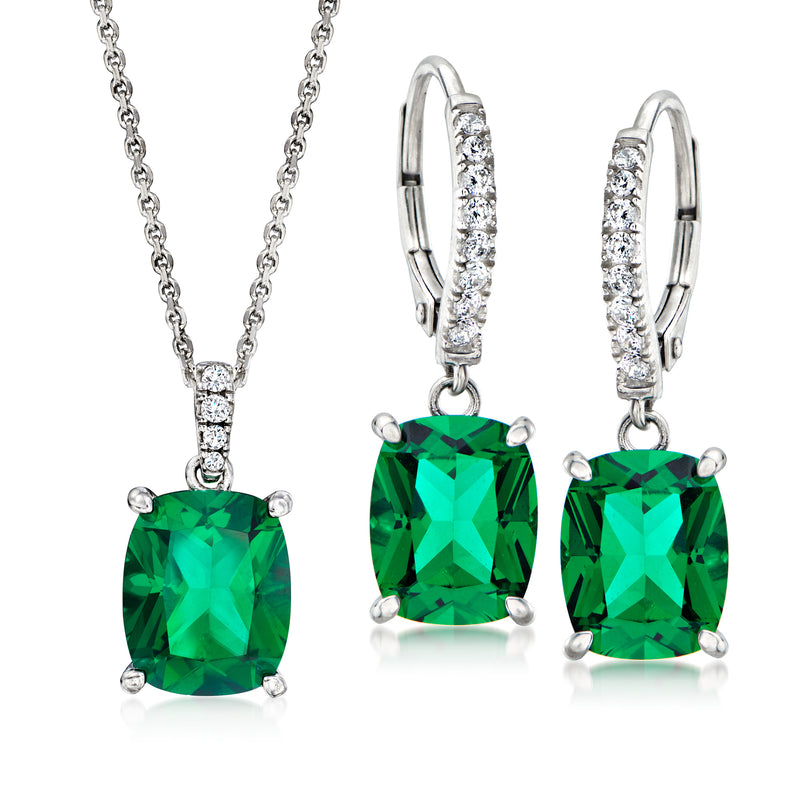 Sterling silver jewelry set with emerald-cut green stones: pendant necklace and drop earrings