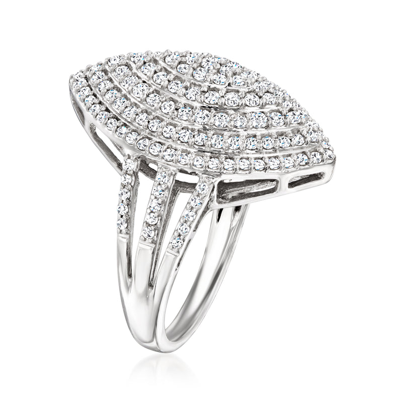 Marquise-shaped sterling silver diamond ring with pavé rows