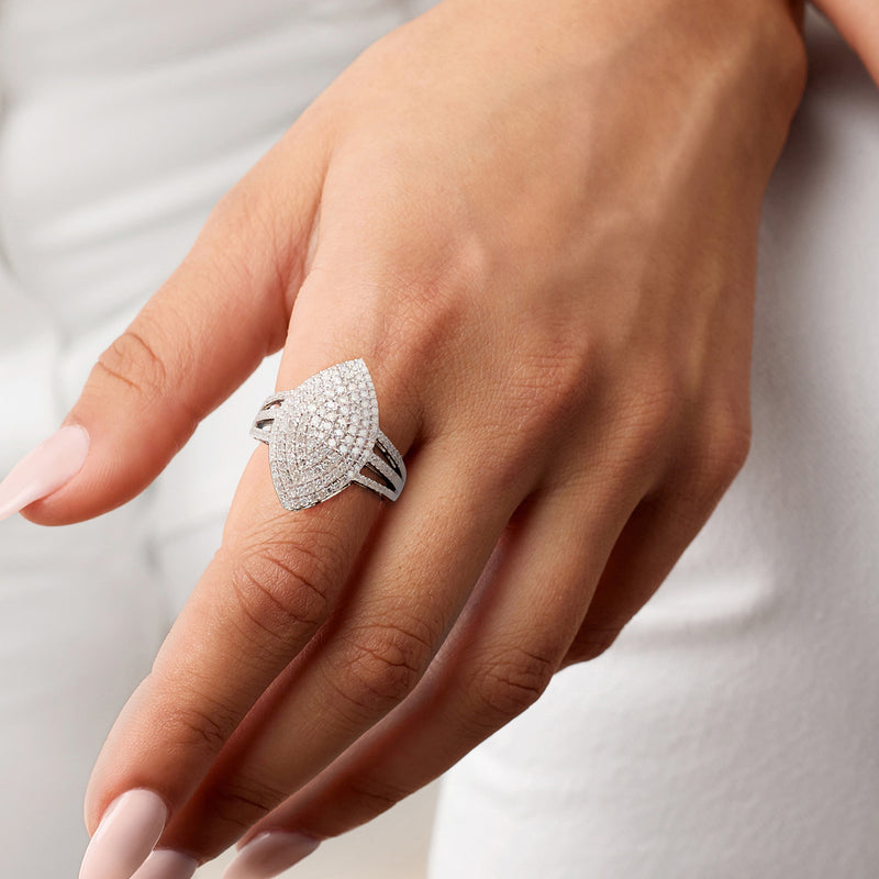 Marquise-shaped pavé diamond ring in sterling silver on a hand