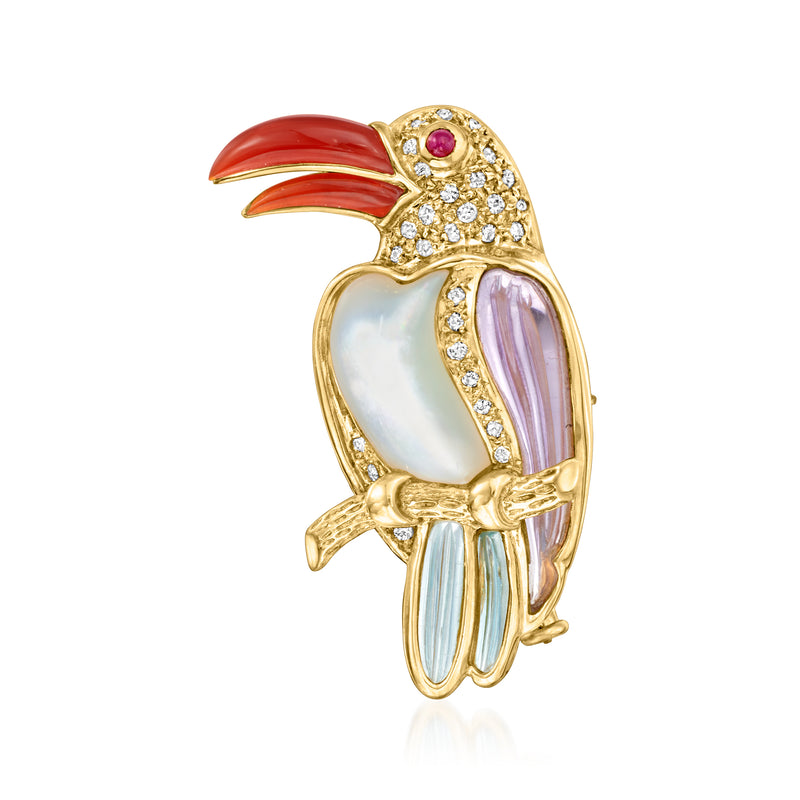 18kt yellow gold toucan pin pendant with mother-of-pearl body, red beak, gem accents