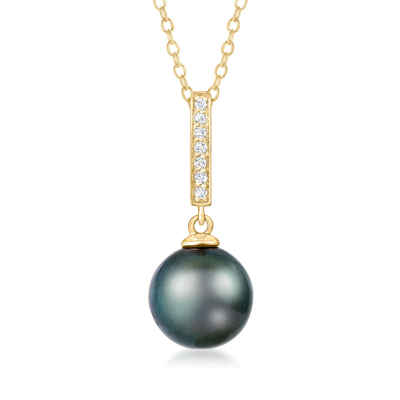 14kt yellow gold necklace with diamond bar pendant and round black Tahitian pearl