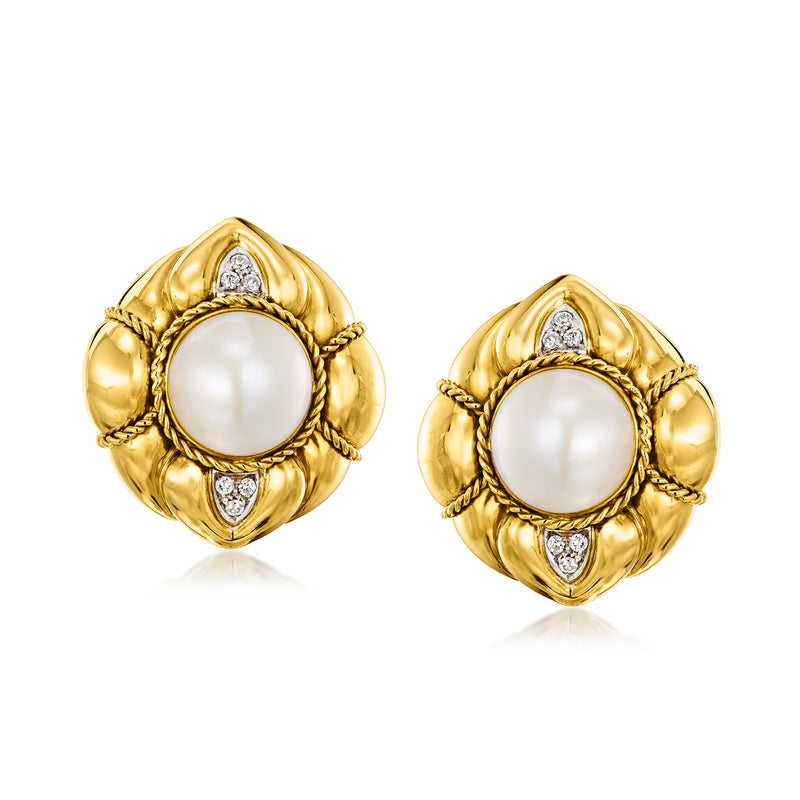 18kt yellow gold mabe pearl earrings with diamond accents, round bezel setting